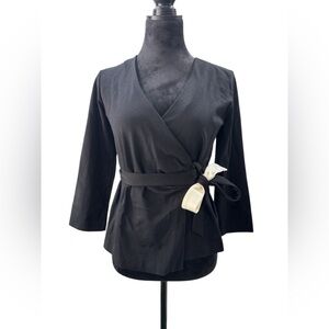 Mango MNG Suit Black Wrap Blouse Long Sleeve Contrast White Bow Belt XS